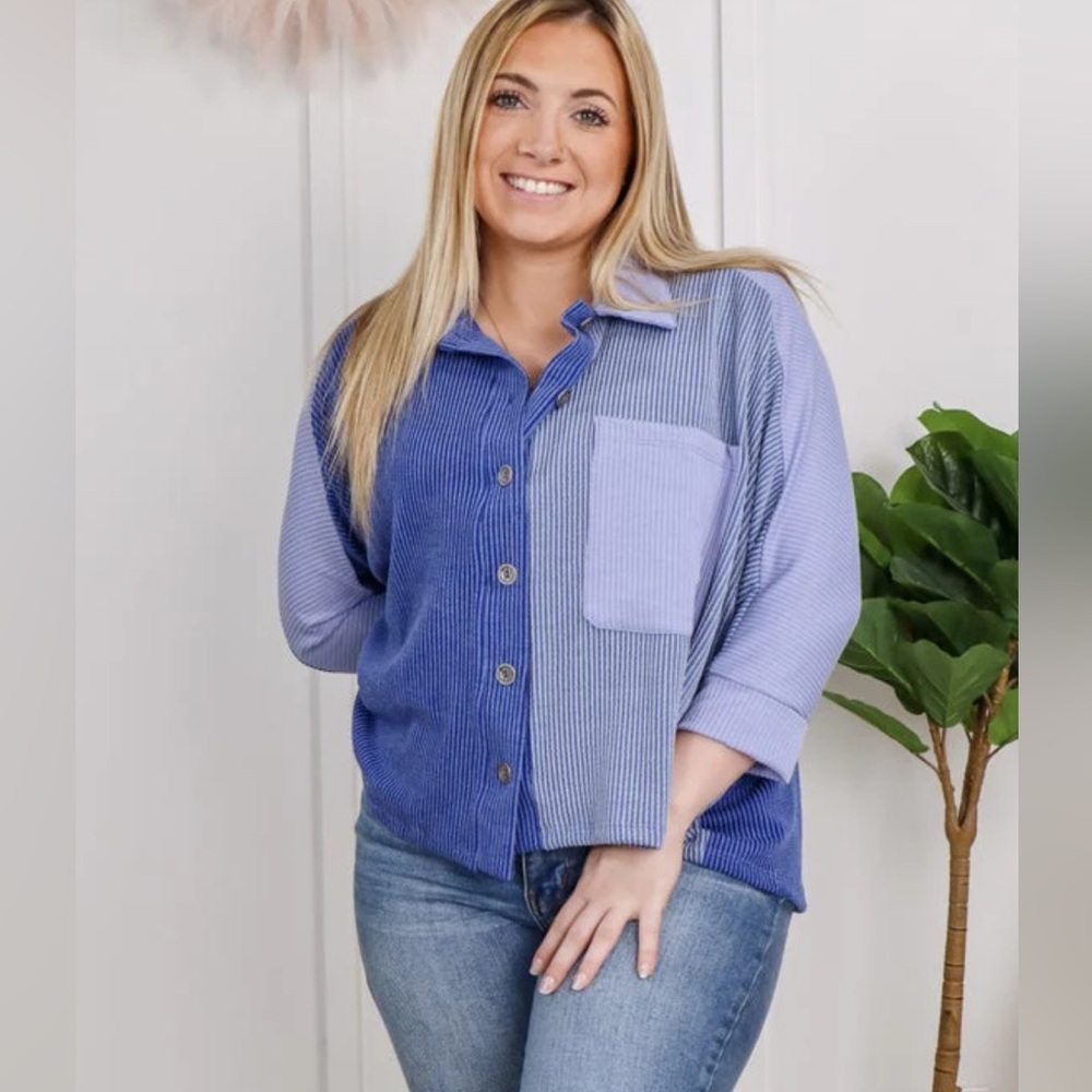 Blumin Apparel Dolman Sleeve Blue Button-Up Shirt with Pocket Size XL